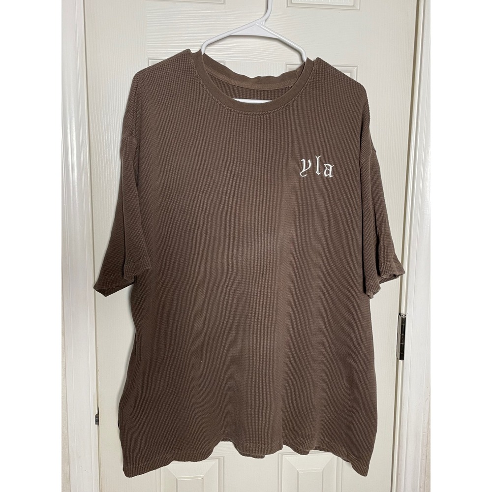 YoungLA Mens Oversized Waffle Knit T-Shirt Brown YLA Gothic Logo XL Thermal Tee